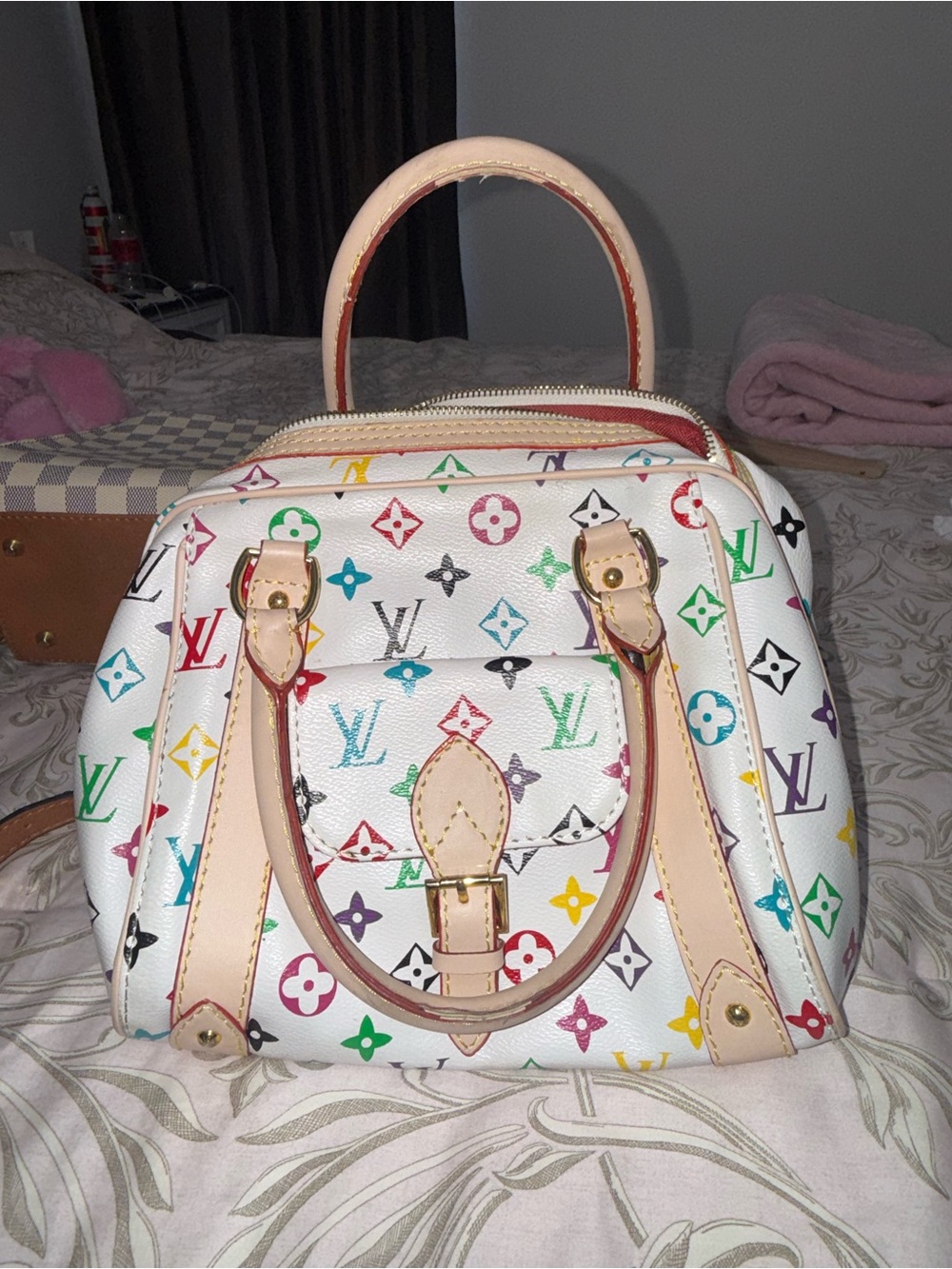 White Multicolor Monogram Satchel with Top Handles
